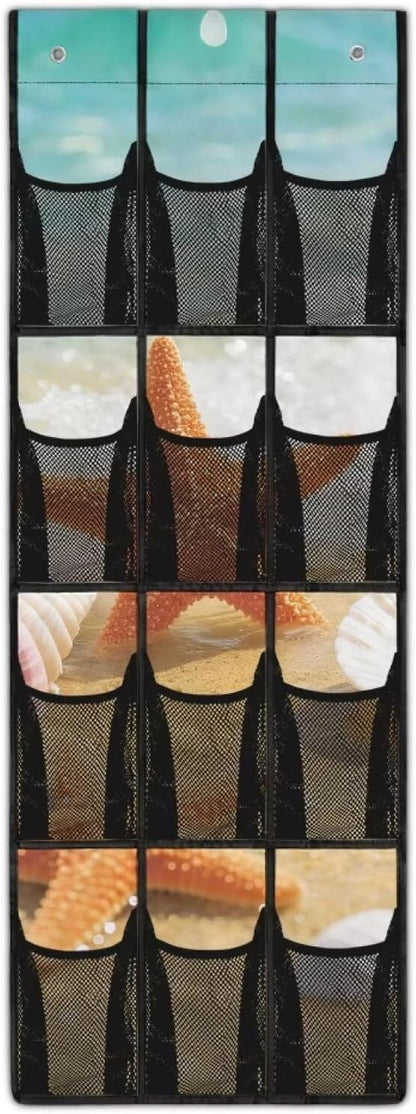 Beach Starfish Over The Door Shoe Organizer, 12 Mesh Pockets Waterproof Hanging Rack for Bathroom Toiletries & Beach Gear, Space Saving for Vacation Homes