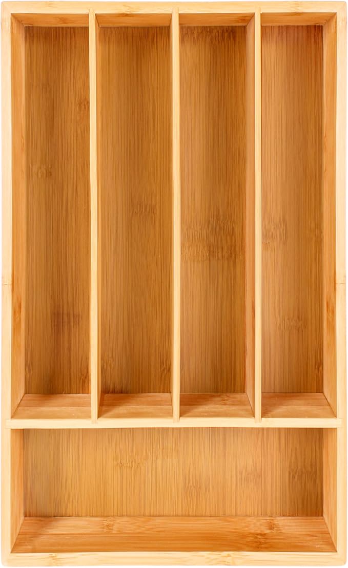 BergHOFF Bamboo Flatware Organizer 5-slot, 13.5" x 8.25", Natural, Fit in any size of drawer, great for spoons, forks, knives, scissors, peelers, chef tools