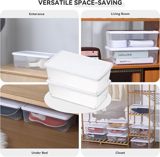 novelinks 8 Pack 6 Quart Clear Plastic Storage Bins with Lids, Stackable Shoe Boxes Plastic Storage Container, Organizer Bins for Shoes Organization (White)