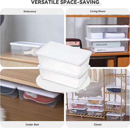 novelinks 8 Pack 6 Quart Clear Plastic Storage Bins with Lids, Stackable Shoe Boxes Plastic Storage Container, Organizer Bins for Shoes Organization (White)