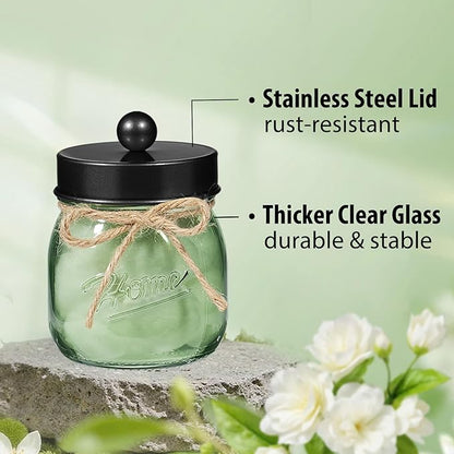 SheeChung Green Glass Qtip Holder Dispenser, Mason Jar Apothecary Jars with Lids, Bathroom Organizers and Storage, Vanity Countertop Canisters Set for Cotton Swab, Ball, Pad, Floss Pick-Black, 2 Pack