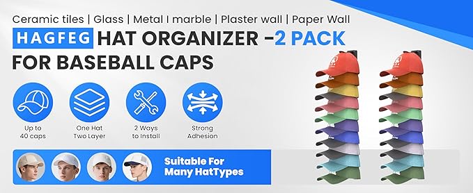 hat rack, one package includes two hat racks, capable of holding up to 40 baseball caps total, featuring a simple structure, easy installation, and premium quality (Black).