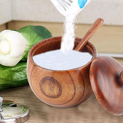 Wood Salt Pepper Bowl, Spice Box with Lid Spoon Salt Cellar Keeper Spice Bowls Cooking Sugar Holder for Kitchen Seasoning Container Holder