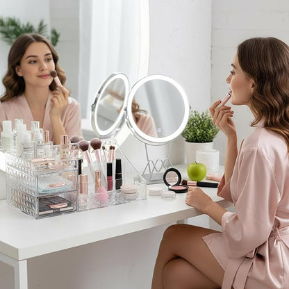 Makeup Organizer, Large-Capacity Clear Acrylic 2-Tier Makeup Brush Holder, Countertop Use, Make Up Organizers for Counter with Drawers, Make Up Brush Holder for Vanity Bathroom Desktop, Model
