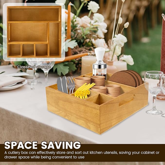 Wood Utensil Holder for Party, Paper Plate Dispenser and Holder for Kitchen Counter, Paper Plate Organizer for Countertop, Wood Silverware Caddy for Cups Spoons Forks Plates Napkins