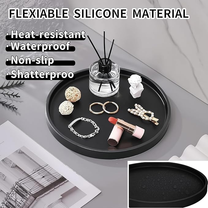 Silicone Bathroom Tray, 9" Round Black Vanity Organizer – Decorative Countertop Tray for Soap, Candle, Perfume, Kitchen & Coffee Table