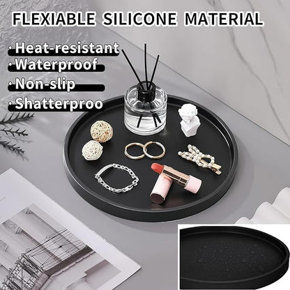 Silicone Bathroom Tray, 9" Round Black Vanity Organizer – Decorative Countertop Tray for Soap, Candle, Perfume, Kitchen & Coffee Table