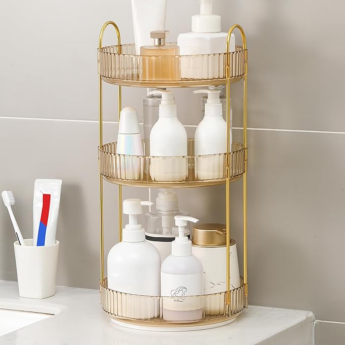 YCIA&DONE 360 Rotating Makeup Organizer and Storage for Vanity Countertop 3 Tiers, High Capacity Cosmetic Skincare Perfume Organizers for Dresser Bathroom Lazy Susan (Amber Gold)