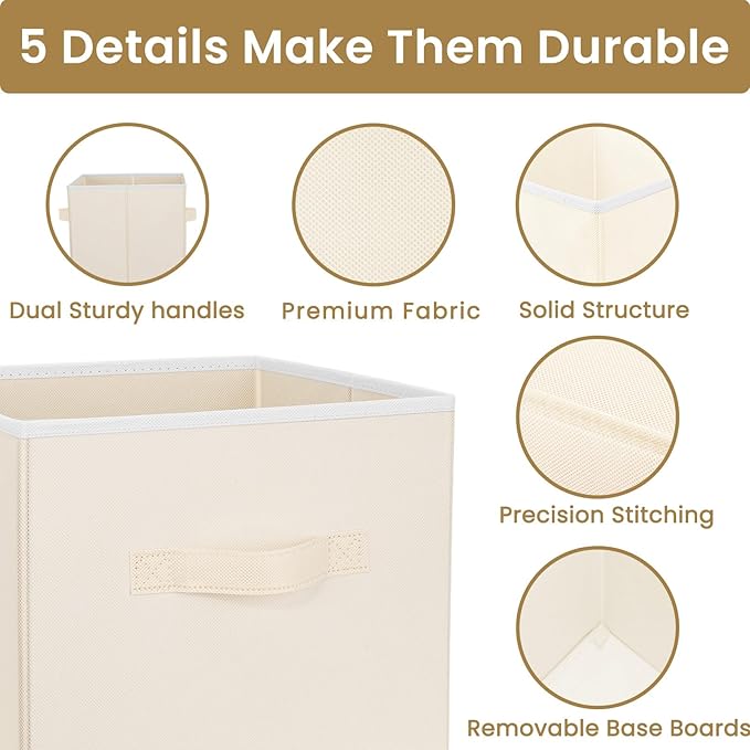Criusia Storage Cubes, 11 Inch Clothes Storage Bins with Dual Handles (10 Pack), Fabric Collapsible Storage Bins for Shelves Closet, Cubby Organizer Bins for Clothing Toys Blanket Yarns (Beige)