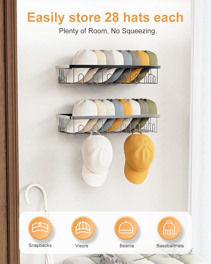 Hat Rack for Wall, 2 Pack Large Hat Organizer with More Hooks, Holds 56 Caps, Metal Wall Mounted Hat Holder for Baseball Caps, Closet Bedroom Kitchen Bathroom, Black