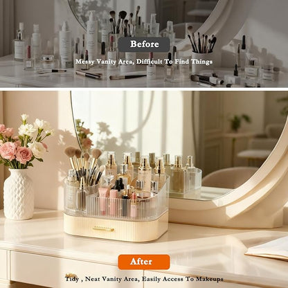 Makeup Organizer Countertop with 360 Rotating Brush Holder, Make Up Organizers For Vanity With Drawer, Bathroom Countertop Skincare Organizer And Storage