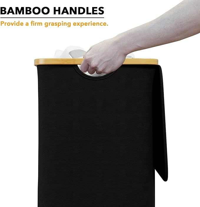 SpaceAid Laundry Hamper with Lid, 110L Large Tall Clothes Basket Bin with Bamboo Handles, Collapsible Laundry Hamper for Bedroom, Bathroom, Dorm, Laundry Room - Black