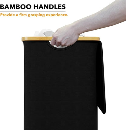 SpaceAid Laundry Hamper with Lid, 110L Large Tall Clothes Basket Bin with Bamboo Handles, Collapsible Laundry Hamper for Bedroom, Bathroom, Dorm, Laundry Room - Black