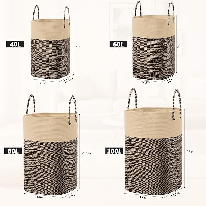 Laundry Basket,Woven Cotton Rope Laundry Hamper,Versatile Storage for Dirty Clothes,Baby Toys,and Blankets in Bathroom, Nursery,and Living Room (Jute, 60L)