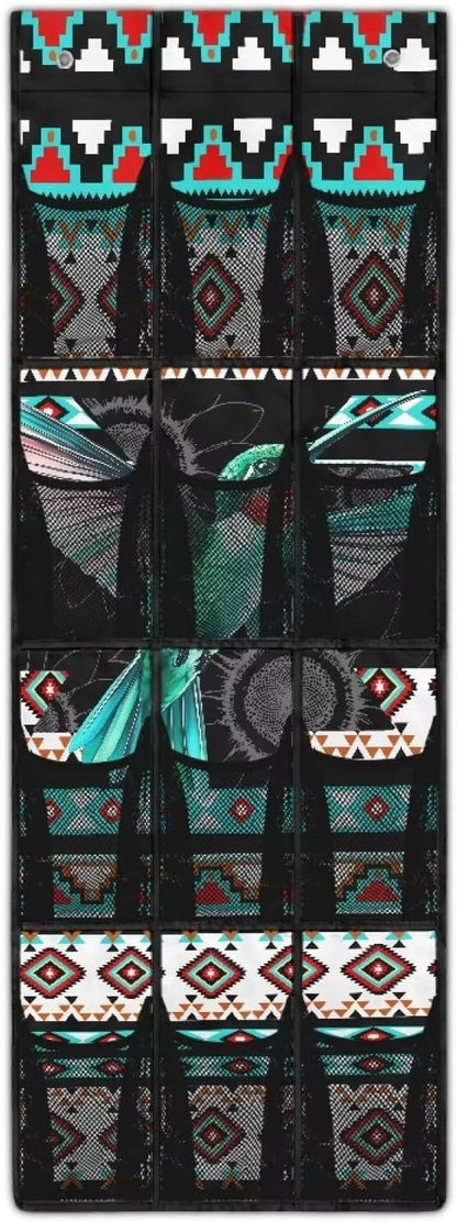 Aztec Bird Over The Door Shoe Organizer Foldable Space Saving Hanging Storage Holder 12 Mesh Pockets for Kitchen, Office, Dorm Rooms