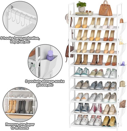 LUKYTOWER Tall Shoe Rack 10 Tier Shoe Racks Organizer for Closet 30-35Pairs,Large Capacity Storage Rack for Shoes with 5Hooks and Side Pocket,Sturdy Shoe Shelf, Vertical Shoe Stand Tower