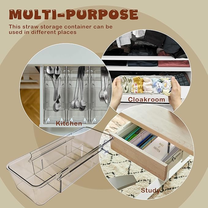 Expandable Straw Organizer Drawer Holder for Cabinet，Deep Drawer Organizer Kitchen Cabinet Organizer detachable compartments Fits for Stanley Long Straw(Transparent