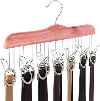 TOPIA HANGER American Red Cedar Wood Belt Hanger, Belt Organizer Rack with 12 Metal Hooks,Closet Organizer for Tank Tops, Ties, Scarves, Neckties (1-Pack) CT13B