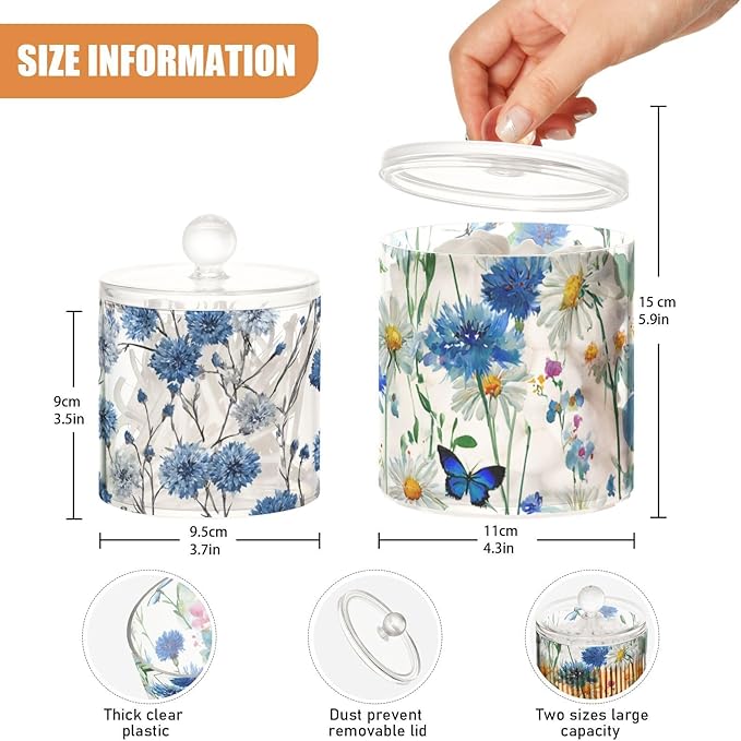 2 Pack Qtip Dispenser Apothecary Jars with Lids Cotton Round Holder Bathroom Canisters for Cotton Swab Floss Ball Pads Clear Plastic Decorative Watercolor Cornflower Daisy