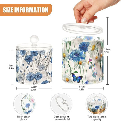 2 Pack Qtip Dispenser Apothecary Jars with Lids Cotton Round Holder Bathroom Canisters for Cotton Swab Floss Ball Pads Clear Plastic Decorative Watercolor Cornflower Daisy