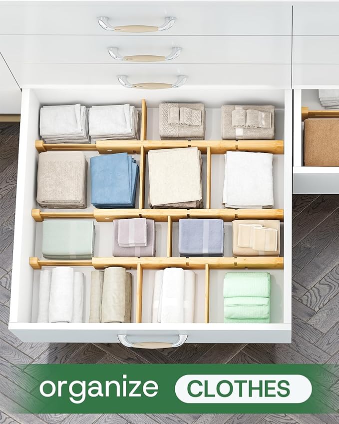 kiplant Bamboo Drawer Dividers - Adjustable Drawer Dividers for Clothes, Kitchen, Closet & Office - 8 Pack with Inserts, 18-22.6 Inches, Non-Slip Silicone Ends