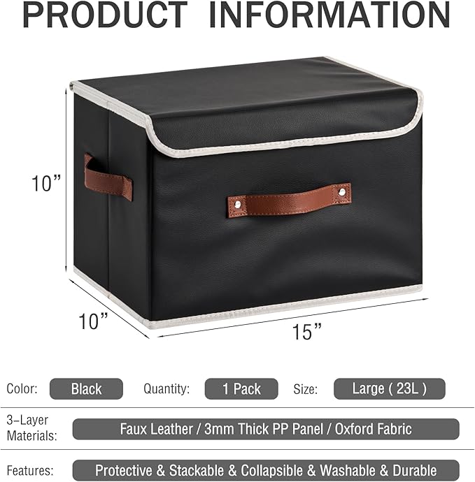 Storage Bins Box with Lids Decorative PU Leather Fabric Baskets Cubes with Handles PP Plastic Board Foldable Washable Lidded Clothing Shelf Closet Organizer Container (Black, Large)