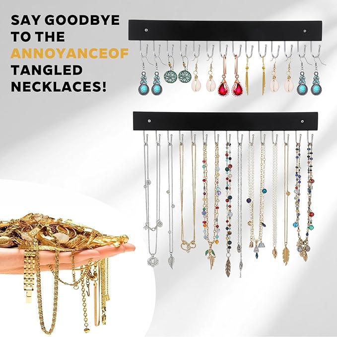4 Pack Necklace Holder Wall Mount, Tangle-Free Wall Necklace Organizer with 14 Hooks, Wooden Jewelry Hanger, for Chains, Bracelets, Earrings, Black