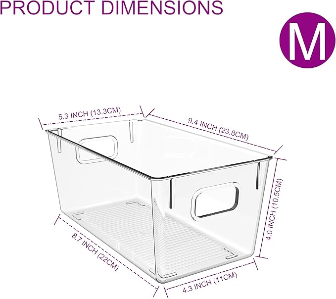 4 Pack Clear Plastic Storage Bins with Handles, Stackable Organizer Containers for Pantry, Fridge, Cabinet, Bathroom, Closet, Under Sink, Kitchen Organization,M