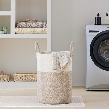 VIPOSCO Large Laundry Hamper, Tall Woven Rope Storage Basket for Blanket, Toys, Dirty Clothes in Living Room, Bathroom, Bedroom - 72L White & Brown