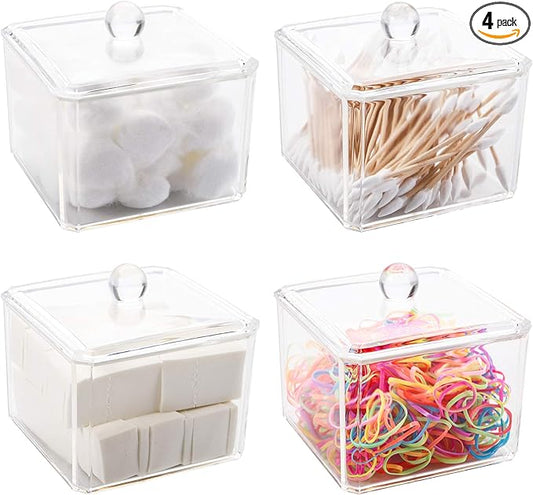 Hedume 4 Pack Swabs Dispenser Holder, 15 Oz Clear Acrylic Canister Set, Modern Square Bathroom Vanity Countertop Storage Organizer for Cotton Ball, Cotton Swab, Cottons Rounds, Bath Salts