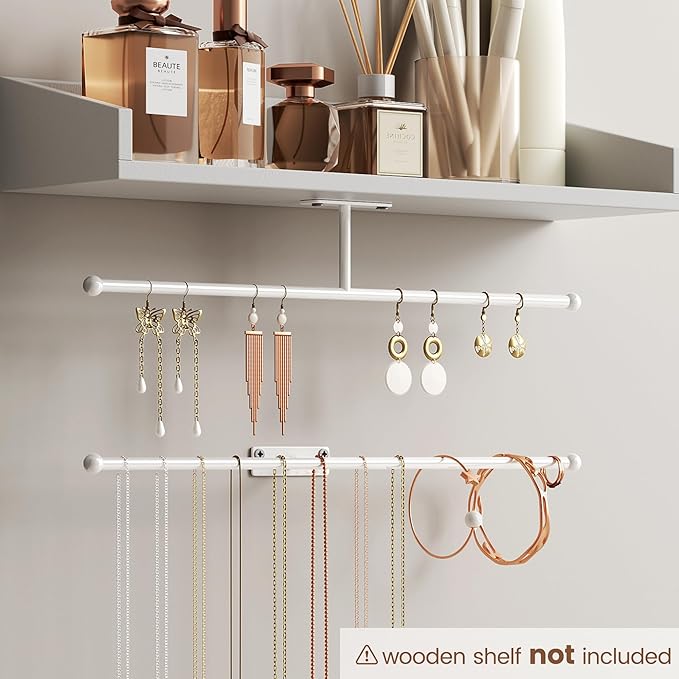 Wall Hanging Jewelry Organizer: 12.6'' Necklace Holder for Earring, Bracelet, Rings, Hairband, Glasses, White 2-Pack, Screws Included