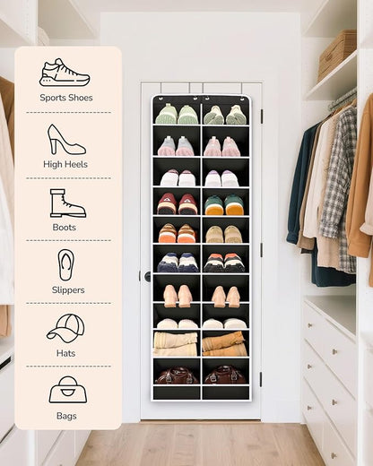 ULG Over The Door Shoe Organizer for Closet Fit 24-32 Pairs with Large Deep Pockets, Narrow Shoe Rack for Door Hanging Boots Storage, Black