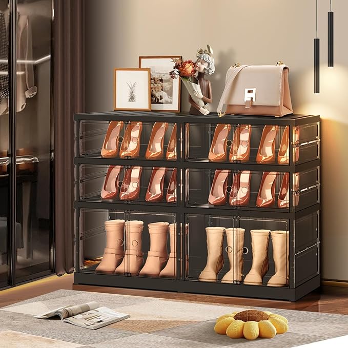 EHAMILY 3 Tiers 6-12 Pairs Foldable Shoe Rack for Closet Plastic Stackable Shoe Boxes for Garage Collapsible Shoes Shelf with Doors Storage Organizer Cabinet Quick Assembly,Black