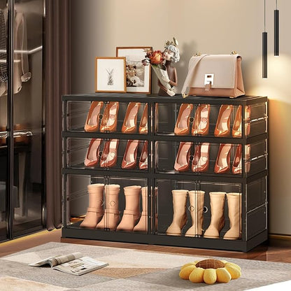 EHAMILY 3 Tiers 6-12 Pairs Foldable Shoe Rack for Closet Plastic Stackable Shoe Boxes for Garage Collapsible Shoes Shelf with Doors Storage Organizer Cabinet Quick Assembly,Black