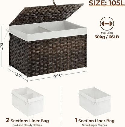 Greenstell Storage Basket with Lid, 105L Large Wicker Basket with Lid, Handwoven Blanket Storage Basket with Handles, Removable Cotton Liner, Metal Frame, Foldable for Bedroom, Laundry Room, Brown