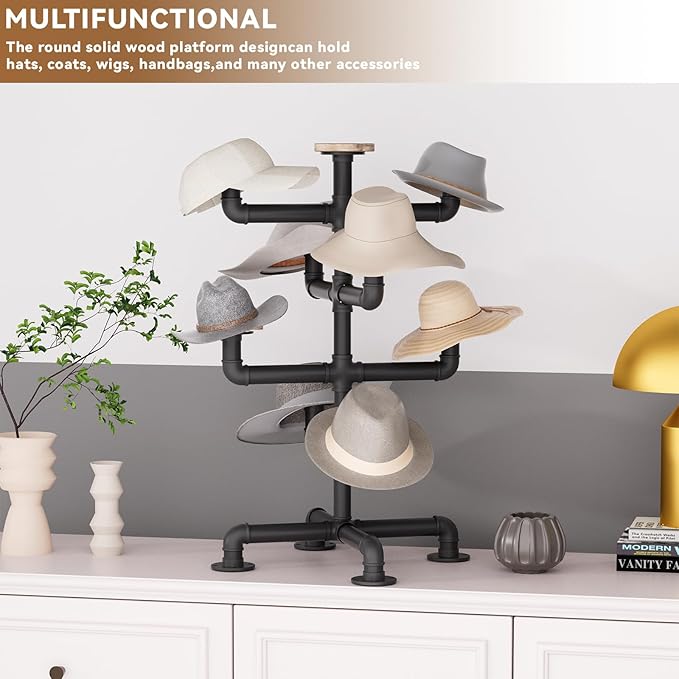 4-Tier Hat Racks Heavy Duty Metal Pipe Hat Display - 8 Rustic Solid Wood Hooks Free Standing Cap Organizer for Hats Wigs Headwear Tabletop Display