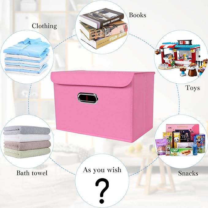 STOREONE Fabric Storage Cube Bins Foldable Organizer Container Collapsible Basket with Lids and Metal Handles, for Home, Bedroom, Closet 3 Pcs (Pink)