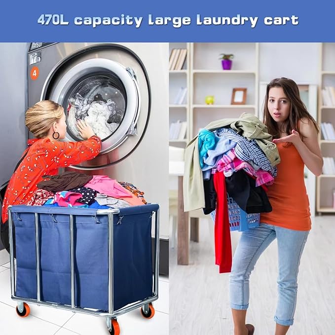Commercial Laundry Cart with Wheels, 470L Large Capacity Heavy Duty Stainless Laundry Basket,Laundry Sorter for Clothes Storage,400 lbs Load (Blue)