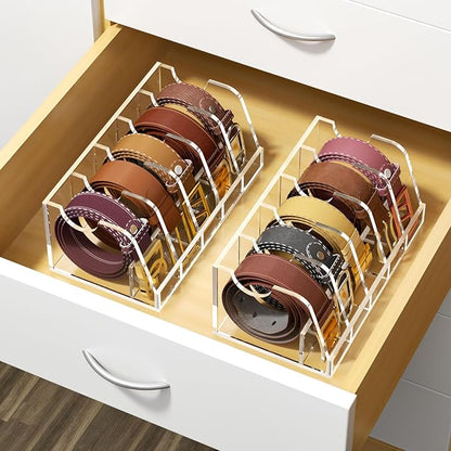 NIUBEE Belt Organizer - Acrylic Belt Storage Holder with 5 Compartments and Display Stand