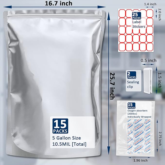 15 Pack 5 Gallon Mylar Bags with Oxygen Absorbers - 10.5 Mil Mylar Bags for Food Storage with 15 Single Sealed 2000cc Oxygen Absorbers & Labels & Clips - for Long Term Food Storage