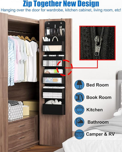 Over Door Organizer, 6 Shelf Camper Storage for RV Bathroom, Behind The Door Storage, Hanging Organizers for Toy Diaper Bedroom Closet (Black)