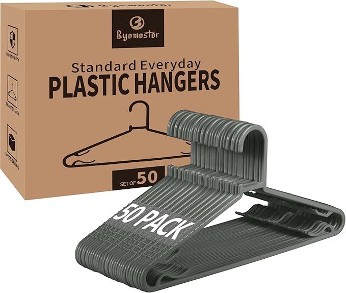 Byomostor Plastic Hangers 50 Pack, Light Weight Durable Clothes Hangers with Hooks Standard Size G-Shape&Non-Slip Coat Hangers for Everyday Use (Grey)