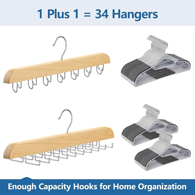 Tie Rack & Belt Hanger 2 in 1 Tie Hanger Space Saving Max 42 Belts& 60 Ties Capacity for Closet Organizers and Storage, Sturdy Wood Belt & Tie Collection Organizer(Wood, 2Pack)