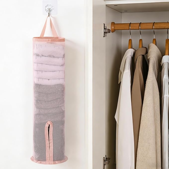 Hanging Sock Storage Bag,Wall Mount Multifunctional Bag,Sock Underwear Organizer,Hanging Closet Organizer,Saver Kitchen Storage Holder for Storing Socks Ties Plastic Bag 3PCS (Pink)