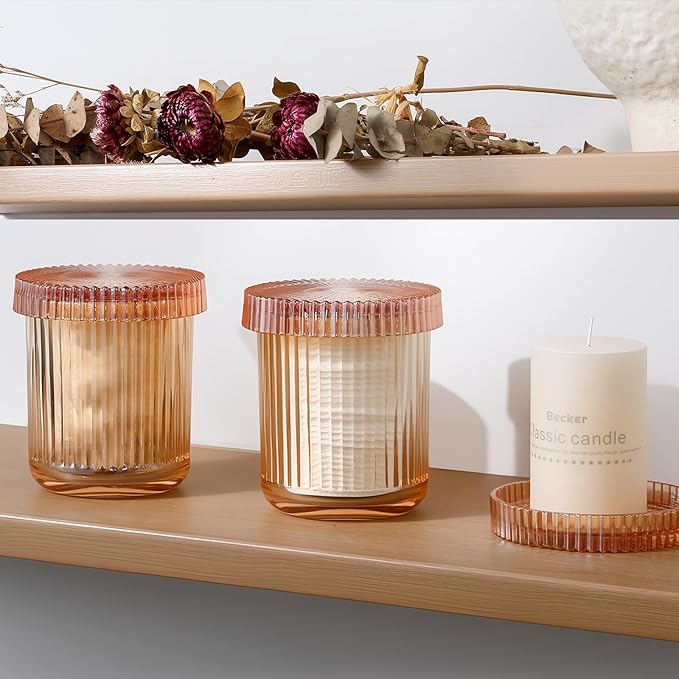 rejomiik Glass Qtip Holder Dispenser 2 Pack, Bathroom Canister Apothecary Jars with Lids, Vanity Makeup Accessories Storage Organizer for Cotton Swabs, Cotton Balls, Pads, Floss Picks, Amber