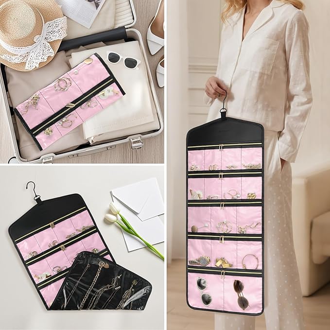 CHICECO Travel Jewelry Holder Organizer,Hanging Jewelry Organizer Storage with Zippered Pockets for Cloest,Jewelry Holder for Earrings, Necklaces (Pink Black)