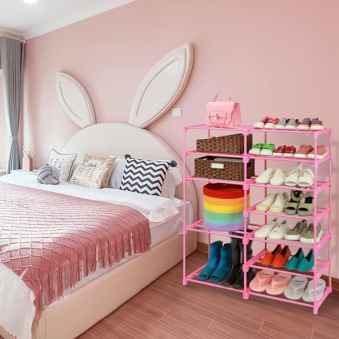 LNYZQUS 7-Tier Large Pink Shoe Rack, 24 -30 Pairs Tall Shoe Organizer Shelf, Kids Boots Stand Organizer For Garage Closet Entryway