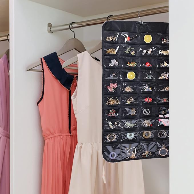 Cemueo Hanging Jewelry Organizer, Double Sided 80 Pocket Jewelry Chain Storage Bag 2 Layer of Fabric Jewelry Organizer Holder for Necklace Bracelet Earring Ring Chain Knitting Tool-Black