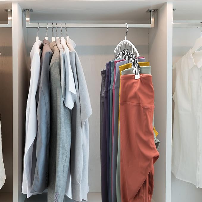 Legging Organizer for Closet, Metal Yoga Pants Hanger w/Rubber Coated 1 Pack w/10 Clips Hold 10 Leggings, Hangers Space Saving Hanging Closet Organizer for Closet Organizers and Storage-White