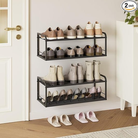 2 Pack Wall Mounted Shoe Rack, Carbon Steel Shoe Organizer with Removable Oxford Cloth, Non-Slip Space-Saving for Entryway Closet Bedroom, Black
